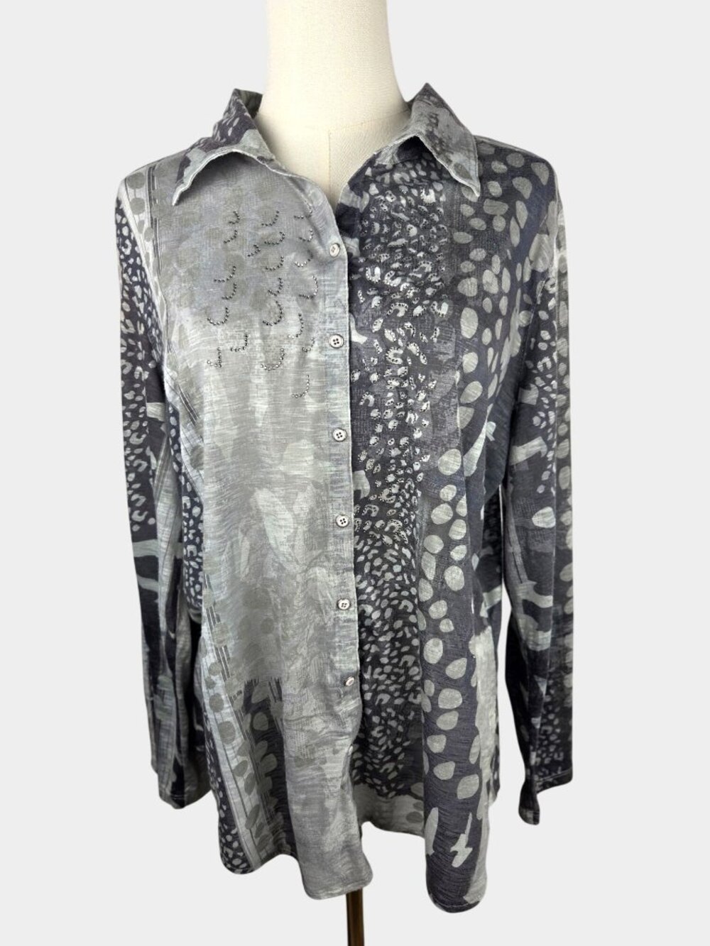 David Cline XL Snap Sheer Blouse Forest Print Gray Abstract Rhinestones Crushed